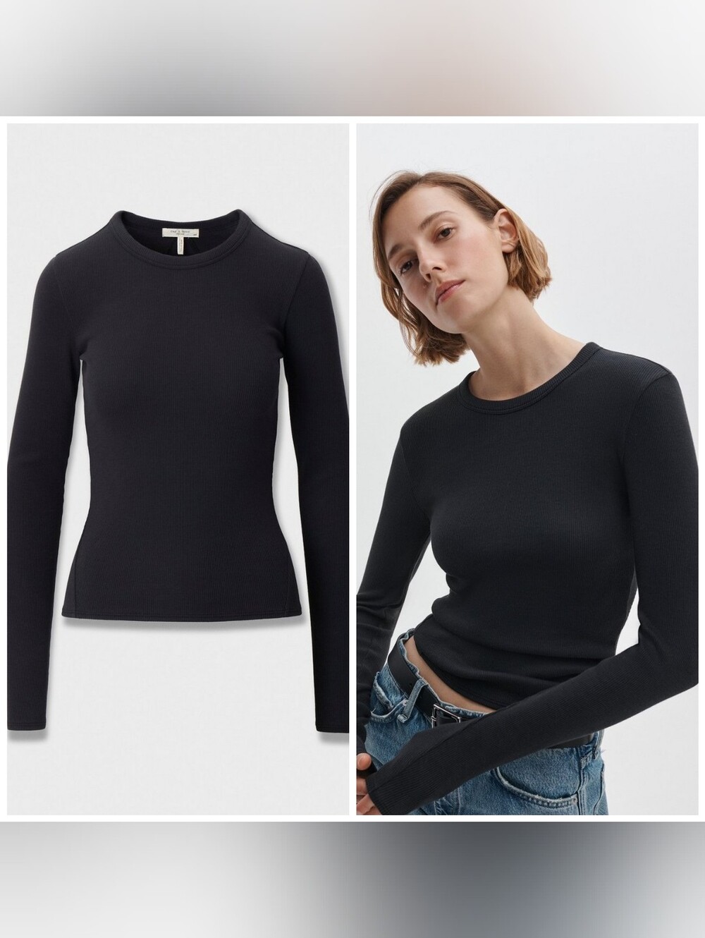 Rag&Bone The Essential Ribbed Long-Sleeve Tee, Small, Black, Crewneck, Fitted